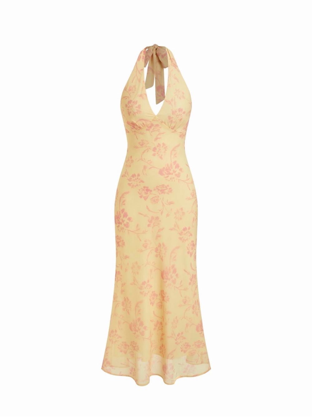 Cider Pale Yellow Halter Maxi Dress with Blush Floral Print